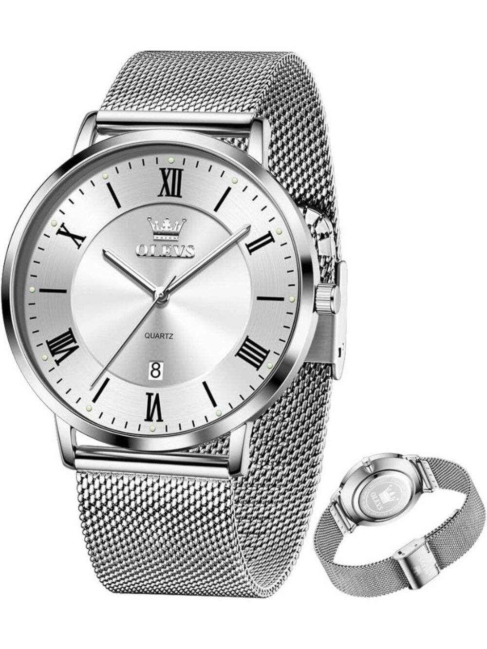 Men's Silver Analog Quartz Mesh Strap Luxury Luminous Waterproof Round Watch